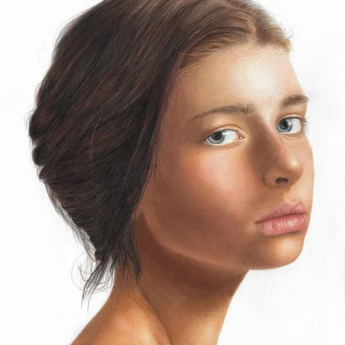 Buntstiftzeichnung eines jungen weiblichen Porträts mit melancholischem Blick – Portfolio-Vorschau von Elena Weiskar, Spezialistin für emotionale Porträtkunst.