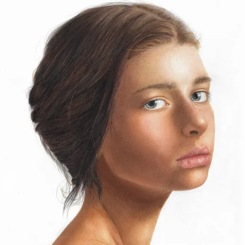 „BEAUTIFUL SADNESS“ – realistische Buntstiftzeichnung von Elena Weiskar (2021), melancholisches Porträt einer jungen Frau, als Kunstdruck erhältlich.
