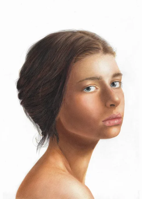 „BEAUTIFUL SADNESS“ – realistische Buntstiftzeichnung von Elena Weiskar (2021), melancholisches Porträt einer jungen Frau, als Kunstdruck erhältlich.