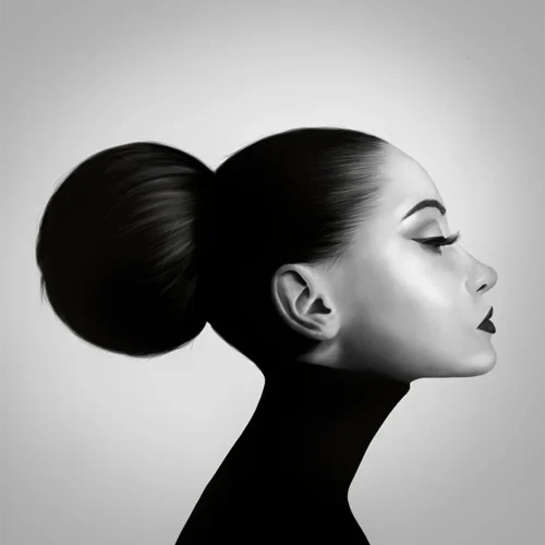 Digitale Illustration „Black Dahlia“ von Elena Weiskar – stilisiertes, minimalistisches Porträt einer Frau im Profil, als Kunstdruck erhältlich.