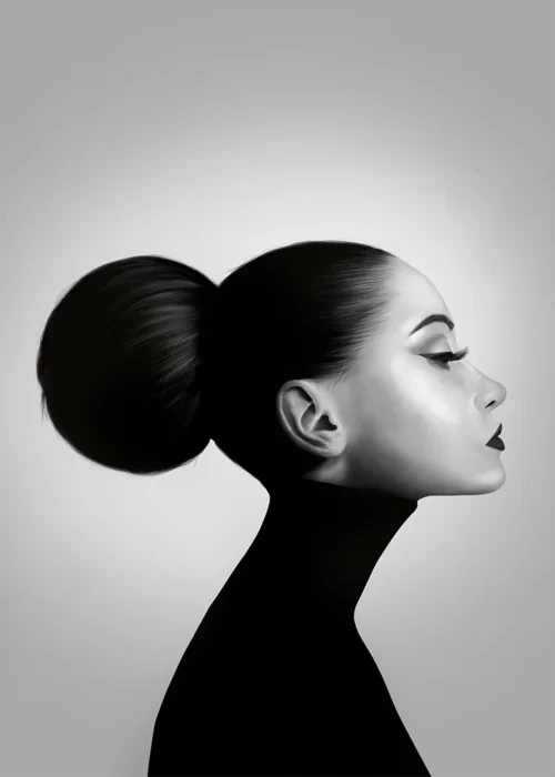 Digitale Illustration „Black Dahlia“ von Elena Weiskar – stilisiertes, minimalistisches Porträt einer Frau im Profil, als Kunstdruck erhältlich.