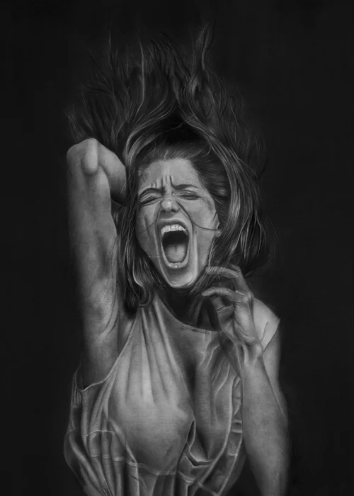 „LIBERATION“ – Bleistift- und Kohlezeichnung von Elena Weiskar (2021), emotionales Porträt einer schreienden Frau, Symbol für innere Befreiung – als Fine Art Kunstdruck erhältlich.
