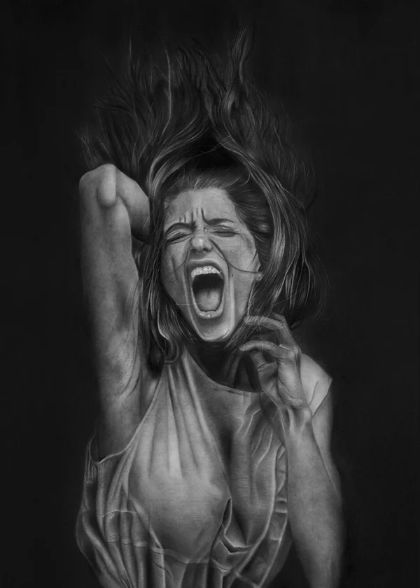 „LIBERATION“ – Bleistift- und Kohlezeichnung von Elena Weiskar (2021), emotionales Porträt einer schreienden Frau, Symbol für innere Befreiung – als Fine Art Kunstdruck erhältlich.