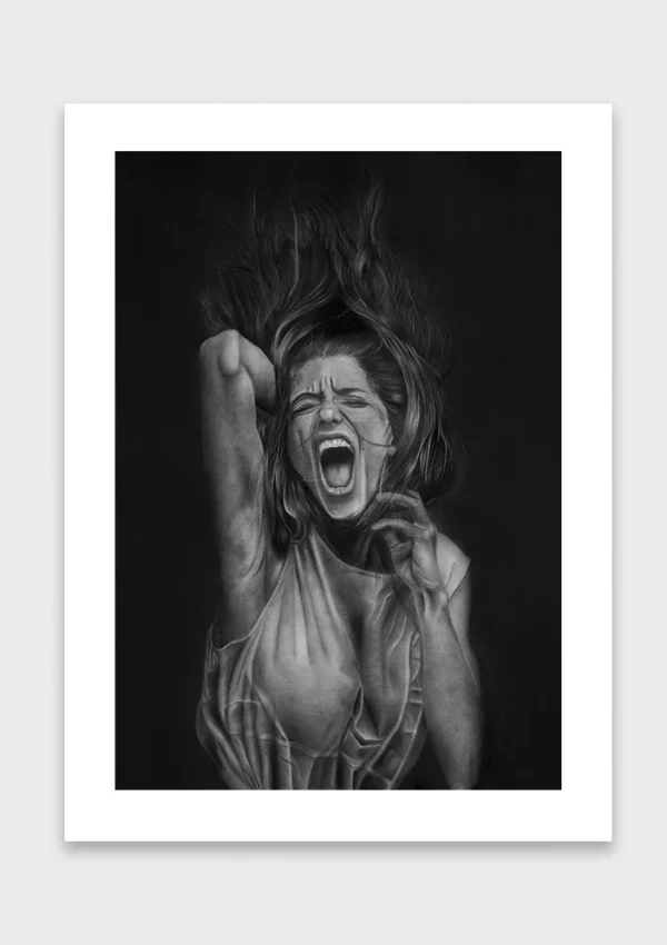Kunstdruck „LIBERATION“ mit Weißrand – Bleistift- und Kohlezeichnung von Elena Weiskar, gedruckt auf Hahnemühle Photo Rag Papier.