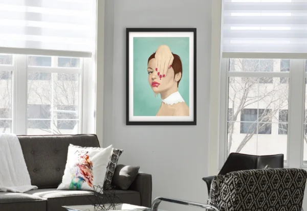 Gerahmter Kunstdruck „MELTED“ in moderner Wohnumgebung – digitale Illustration von Elena Weiskar als Wandbild visualisiert.