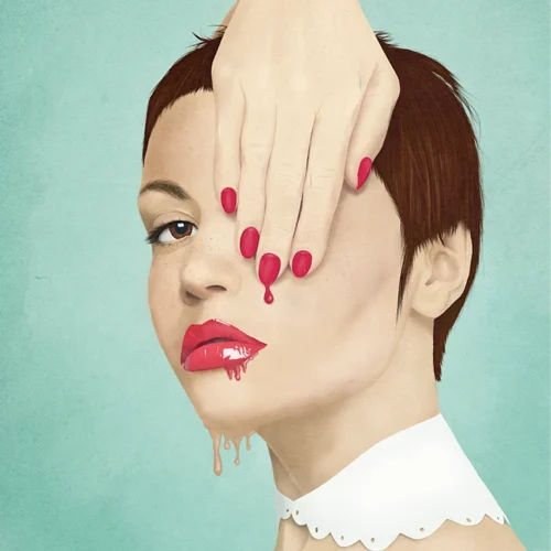Digitale Illustration „MELTED“ (2021) von Elena Weiskar – surrealistisches Porträt einer Frau mit verlaufenden Lippen und rotem Nagellack, als Fine Art Kunstdruck erhältlich.