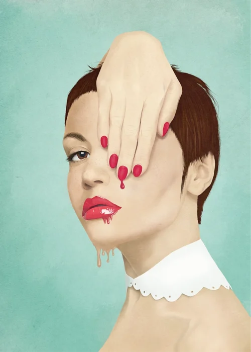 Digitale Illustration „MELTED“ (2021) von Elena Weiskar – surrealistisches Porträt einer Frau mit verlaufenden Lippen und rotem Nagellack, als Fine Art Kunstdruck erhältlich.