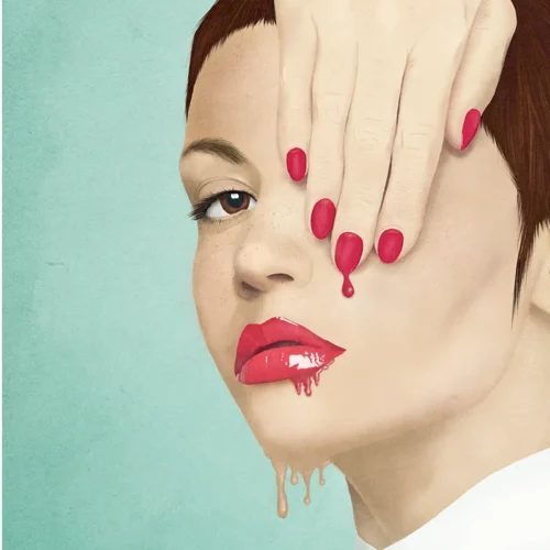 Thumbnail der digitalen Illustration „MELTED“ von Elena Weiskar – surreales Porträt mit roten Lippen und Hand als Vorschau für das Portfolio.