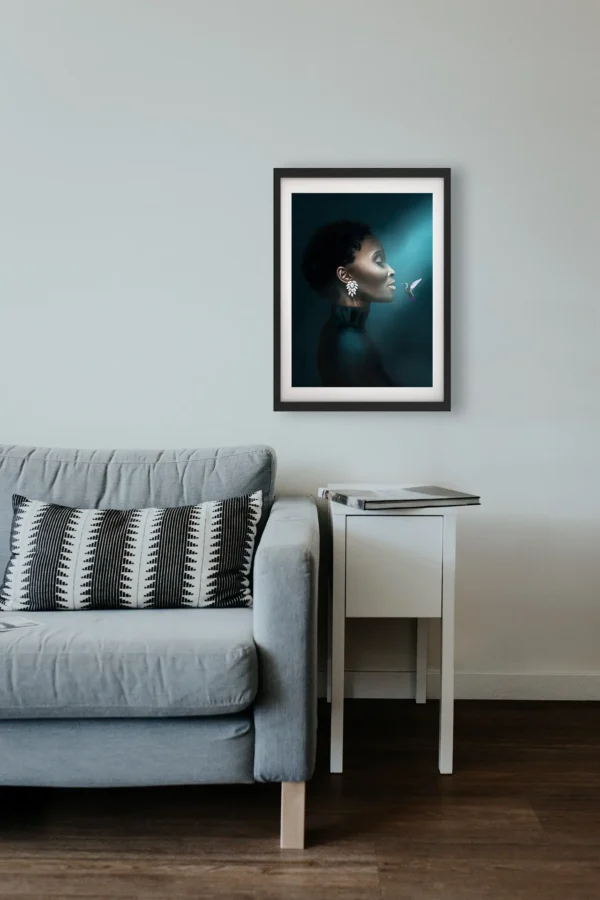 Visualisierung von „SWEET ENCOUNTER“ als Kunstdruck in schwarzem Rahmen – digitale Illustration von Elena Weiskar als Wandbild.